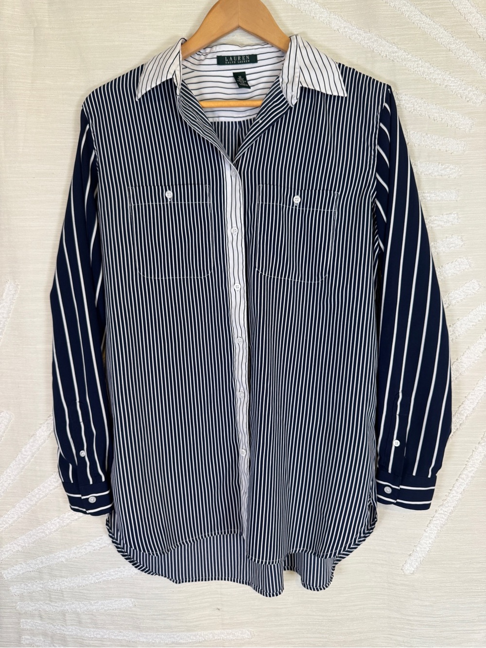 Lauren Ralph Lauren Women’s Medium Navy White Mixed Stripe Tunic Blouse Nautical - Picture 2 of 10